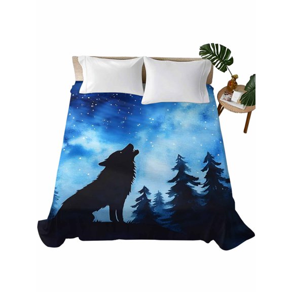Full Flat Sheet 81"x96", Black Wolf Silhouette Soft Lightweight Bedding Flat Sheets Only, Forest Starry Night Sky Brushed Microfiber Top Bed Sheet, Breathable StainResistant Bedsheets