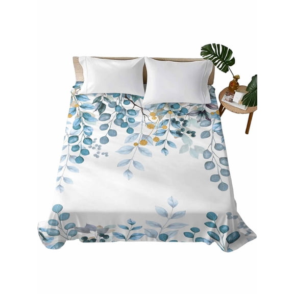 Full Flat Sheet 81"x96", Blue Eucalyptus Leaves Soft Lightweight Bedding Flat Sheets Only, Farmhouse Watercolor Floral Brushed Microfiber Top Bed Sheet, Breathable StainResistant Bedsheets