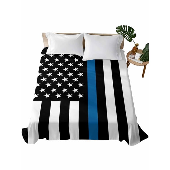 Full Flat Sheet 81"x96", Blue White American Police Flag Soft Lightweight Bedding Flat Sheets Only, Honoring Law Enforcement Officers Brushed Microfiber Top Bed Sheet, Breathable Bedsheets