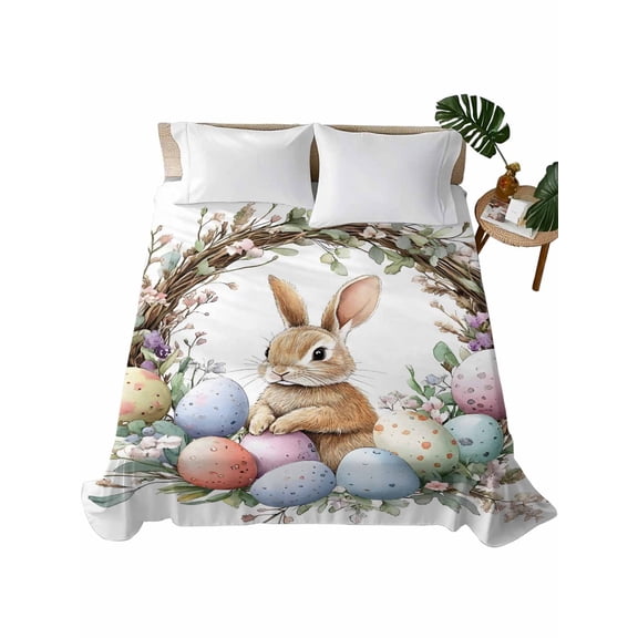 Full Flat Sheet 81"x96", Bunny Easter Soft Lightweight Bedding Flat Sheets Only, Spring Floral Botanical Wreath Eggs Brushed Microfiber Top Bed Sheet, Breathable StainResistant Bedsheets