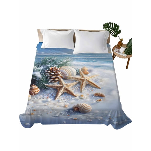 Full Flat Sheet 81"x96", Christmas Beach Soft Lightweight Bedding Flat Sheets Only, Blue Shell Starfish Conch Pine Cone Snow Brushed Microfiber Top Bed Sheet, Breathable StainResistant Bedsheets