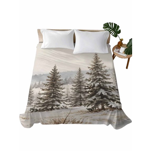 Full Flat Sheet 81"x96", Christmas Pine Trees Soft Lightweight Bedding Flat Sheets Only, Winter Xmas Tree Country Snowflake Brushed Microfiber Top Bed Sheet, Breathable StainResistant Bedsheets