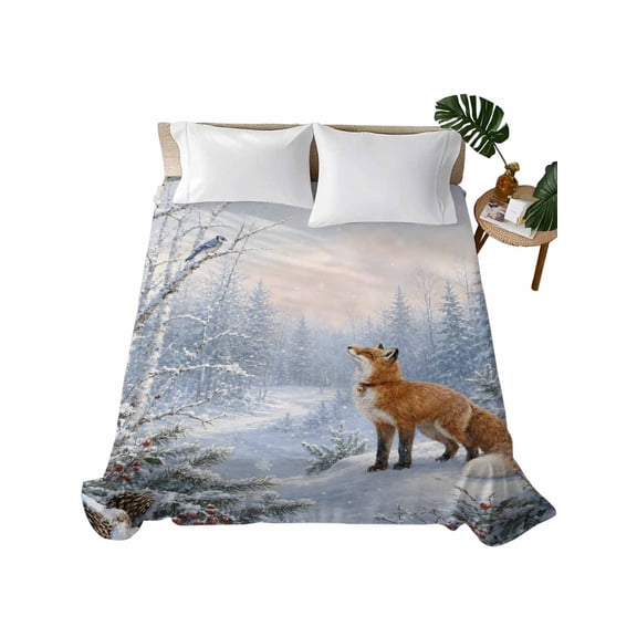 Full Flat Sheet 81"x96", Christmas Soft Lightweight Bedding Flat Sheets Only, Winter Forest Fox Pine Trees Branches Birds Snowy Brushed Microfiber Top Bed Sheet, Breathable StainResistant Bedsheets