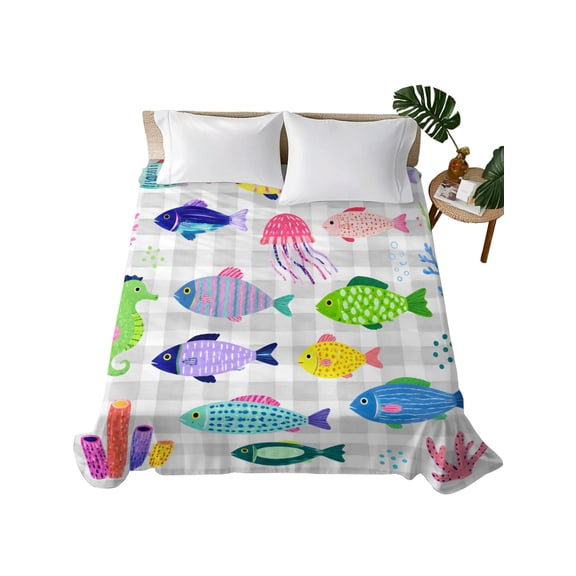 Full Flat Sheet 81"x96", Colorful Fish Coastal Soft Lightweight Bedding Flat Sheets Only, Nautical Checkered Ocean Summer Brushed Microfiber Top Bed Sheet, Breathable StainResistant Bedsheets
