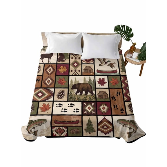 Full Flat Sheet 81"x96", Country Patch Plaid Soft Lightweight Bedding Flat Sheets Only, Brown Farmhouse Retro Bear Deer Cabin Brushed Microfiber Top Bed Sheet, Breathable StainResistant Bedsheets
