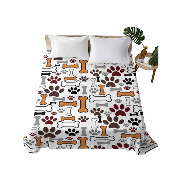 Full Flat Sheet 81"x96", Dog Claws Soft Lightweight Bedding Flat Sheets Only, Pet Cat Cartoon Cute Animal Bone Pawprints Brushed Microfiber Top Bed Sheet, Breathable StainResistant Bedsheets