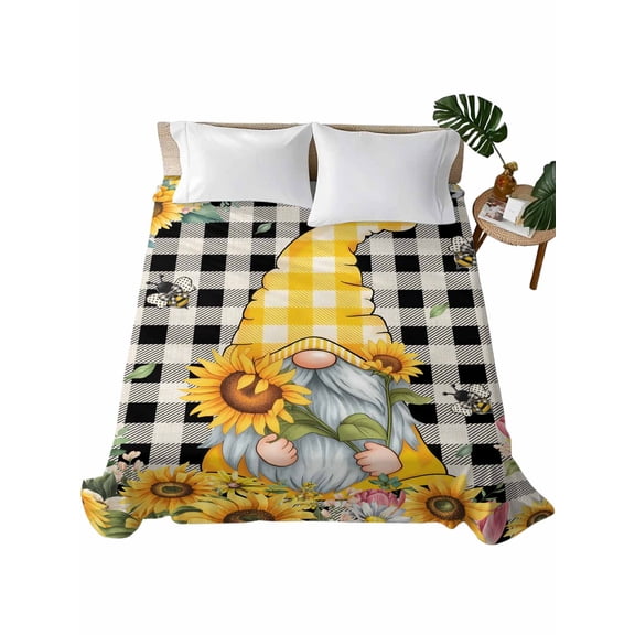 Full Flat Sheet 81"x96", Gnomes Plaid Soft Lightweight Bedding Flat Sheets Only, Yellow Sunflower Farmhouse Bee Black Check Brushed Microfiber Top Bed Sheet, Breathable StainResistant Bedsheets