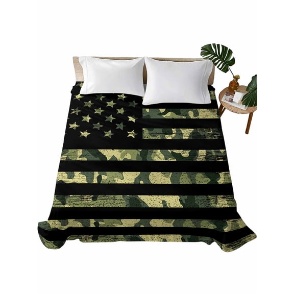 Full Flat Sheet 81"x96", Green Camouflage American Flag Soft Lightweight Bedding Flat Sheets Only, Wooden Grain Brushed Microfiber Top Bed Sheet, Breathable StainResistant Bedsheets