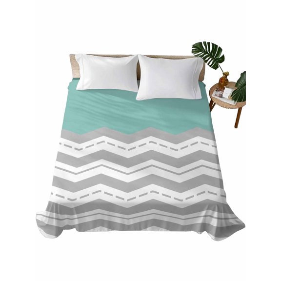 Full Flat Sheet 81"x96", Grey Chevron Soft Lightweight Bedding Flat Sheets Only, Geometric Turquoise Print Wavy Striped White Brushed Microfiber Top Bed Sheet, Breathable StainResistant Bedsheets