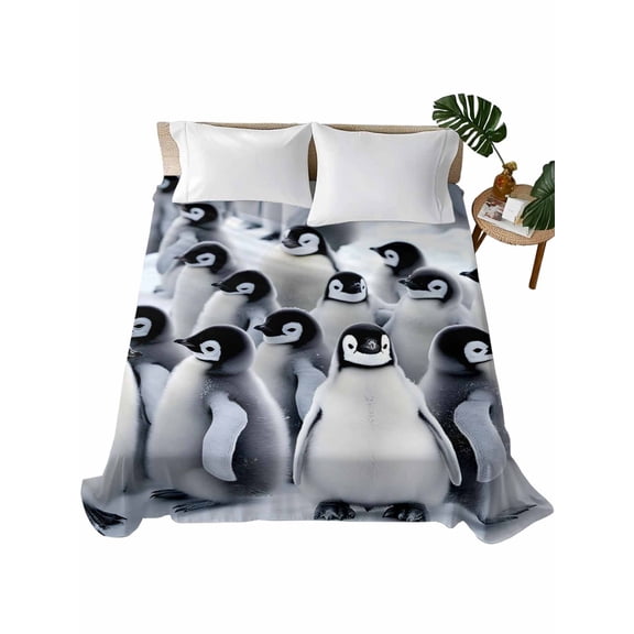 Full Flat Sheet 81"x96", Grey Penguins Soft Lightweight Bedding Flat Sheets Only, Winter Animals Vintage Gray Brushed Microfiber Top Bed Sheet, Breathable StainResistant Bedsheets