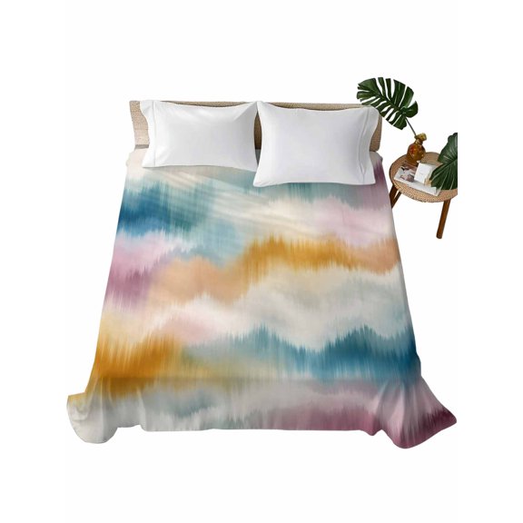 Full Flat Sheet 81"x96", Ikat Colorful Waves Soft Lightweight Bedding Flat Sheets Only, Blue Pink Yellow Ombre Fluid Vintage Brushed Microfiber Top Bed Sheet, Breathable StainResistant Bedsheets