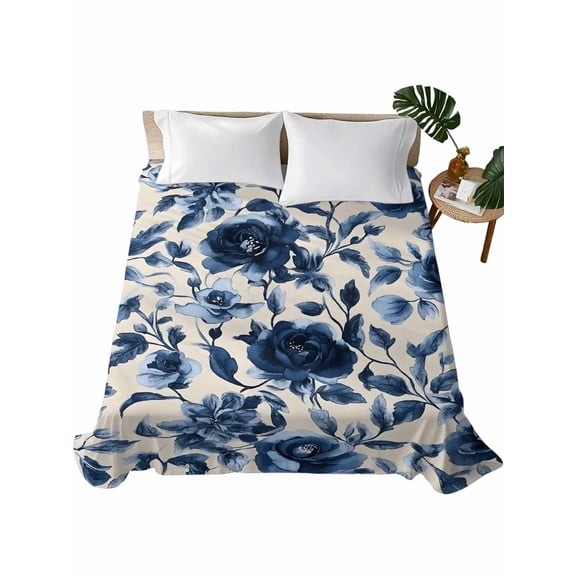Full Flat Sheet 81"x96", Navy Blue Botanical Peony Soft Lightweight Bedding Flat Sheets Only, Vintage Floral Blossom Brushed Microfiber Top Bed Sheet, Breathable StainResistant Bedsheets
