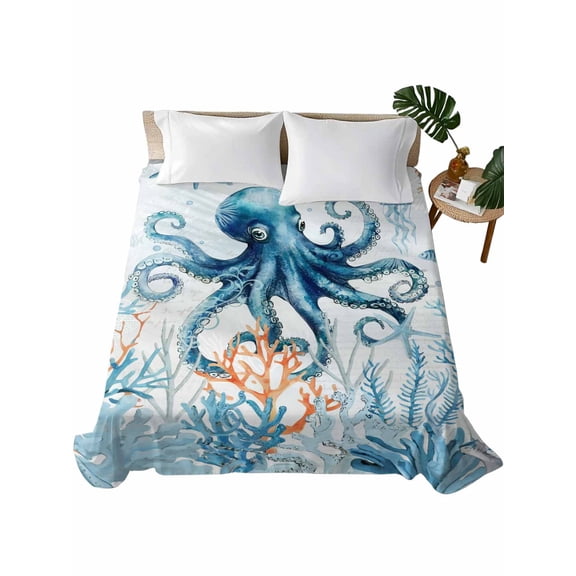 Full Flat Sheet 81"x96", Octopus Soft Lightweight Bedding Flat Sheets Only, Blue Coastal Starfish Ocean Coral Nautical Brushed Microfiber Top Bed Sheet, Breathable StainResistant Bedsheets