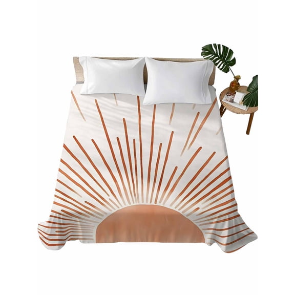 Full Flat Sheet 81"x96", Orange Sunshine Soft Lightweight Bedding Flat Sheets Only, Lines Retro Abstract Middle Century Brushed Microfiber Top Bed Sheet, Breathable StainResistant Bedsheets