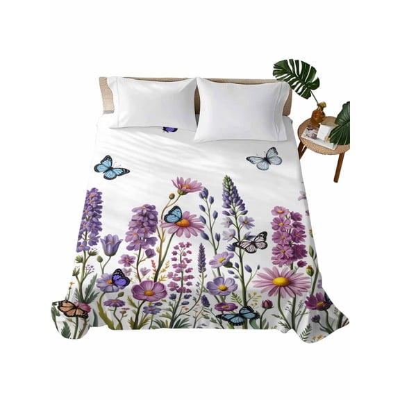 Full Flat Sheet 81"x96", Purple Flowers Soft Lightweight Bedding Flat Sheets Only, Spring Butterflies Lavender Daisy Botanical Brushed Microfiber Top Bed Sheet, Breathable StainResistant Bedsheets