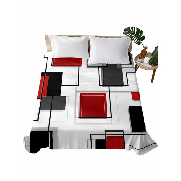 Full Flat Sheet 81"x96", Red Grey Black Soft Lightweight Bedding Flat Sheets Only, Irregular Geometric Modern Abstract Brushed Microfiber Top Bed Sheet, Breathable StainResistant Bedsheets