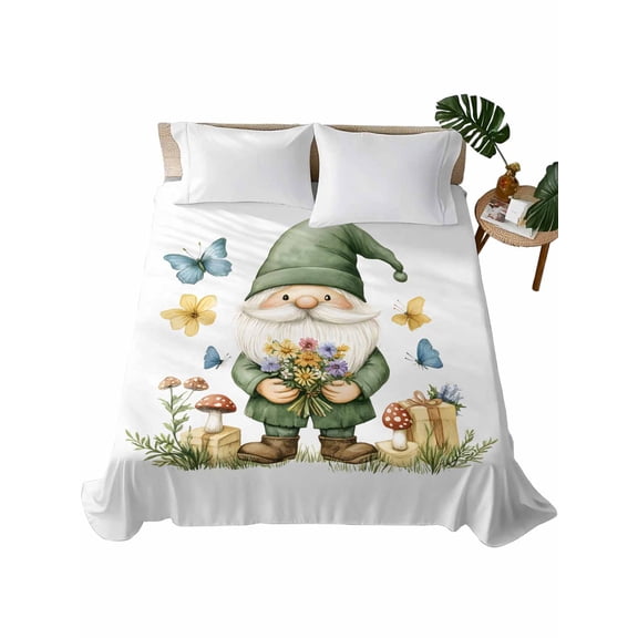 Full Flat Sheet 81"x96", Spring Green Gnomes Soft Lightweight Bedding Flat Sheets Only, Mushroom Gift Botanical Brushed Microfiber Top Bed Sheet, Breathable StainResistant Bedsheets