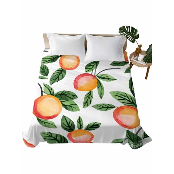 Full Flat Sheet 81"x96", Summer Fruits Soft Lightweight Bedding Flat Sheets Only, Spring Orange Peach Green Botanical Brushed Microfiber Top Bed Sheet, Breathable StainResistant Bedsheets