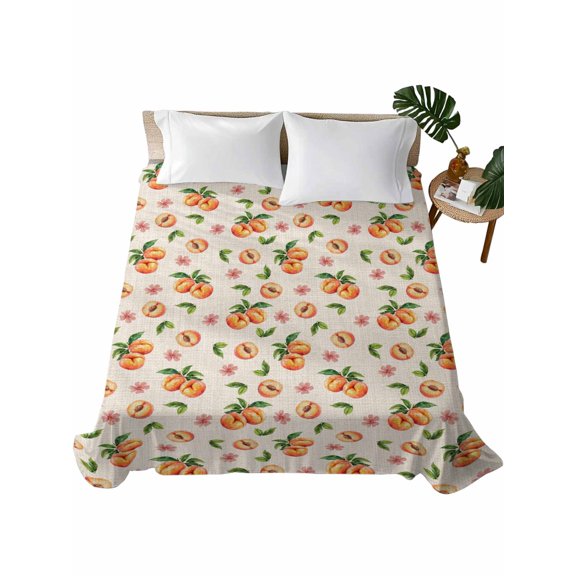 Full Flat Sheet 81"x96", Summer Peach Soft Lightweight Bedding Flat Sheets Only, Tropical Fruit Rustic Flowers Watercolor Brushed Microfiber Top Bed Sheet, Breathable StainResistant Bedsheets