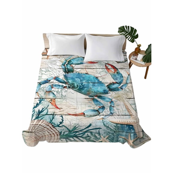 Full Flat Sheet 81"x96", Teal Crab Coastal Soft Lightweight Bedding Flat Sheets Only, Summer Beach Nautical Starfish Retro Brushed Microfiber Top Bed Sheet, Breathable StainResistant Bedsheets