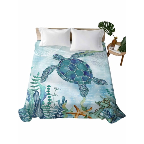Full Flat Sheet 81"x96", Teal Green Sea Turtle Soft Lightweight Bedding Flat Sheets Only, Coastal Summer Beach Seaweed Brushed Microfiber Top Bed Sheet, Breathable StainResistant Bedsheets