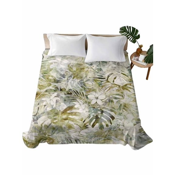 Full Flat Sheet 81"x96", Tropical Leaf Soft Lightweight Bedding Flat Sheets Only, Palm Leaves Plants Vintage Spring Green Brushed Microfiber Top Bed Sheet, Breathable StainResistant Bedsheets