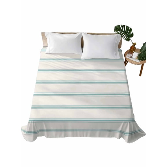 Full Flat Sheet 81"x96", Turquoise Striped Soft Lightweight Bedding Flat Sheets Only, Farmhouse Pinstripes Geometric Color Brushed Microfiber Top Bed Sheet, Breathable StainResistant Bedsheets