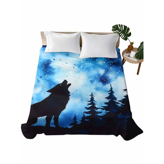 Full Flat Sheet 81"x96", Wolf Black Silhouette Soft Lightweight Bedding Flat Sheets Only, Forest Starry Night Brushed Microfiber Top Bed Sheet, Breathable StainResistant Bedsheets