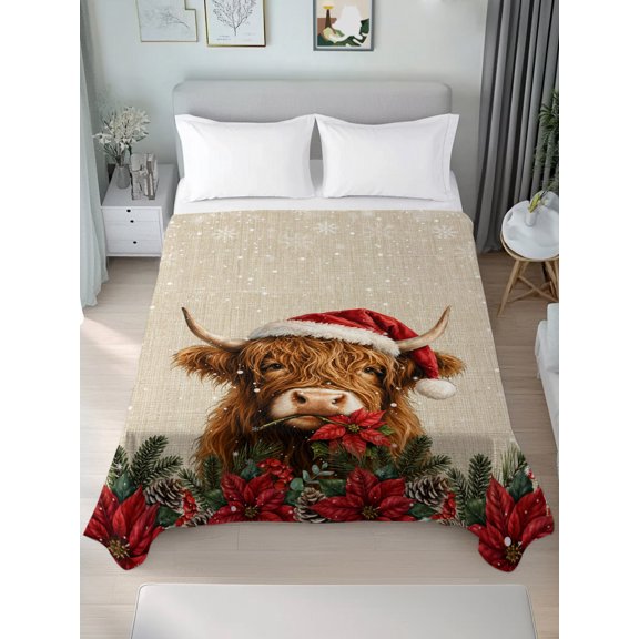 Full Flat Sheet Only Christmas Poinsettia Pine Cone Soft Microfiber Cooling Bedding Sheets Winter Snowflake Retro Linen Flat Bed Sheet for Hotel, Home Decor