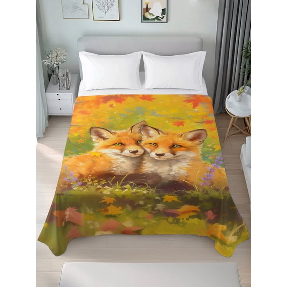 Full Flat Sheet Only Fox Autumn Maple Leaves Flowers Soft Microfiber Cooling Bedding Sheets Vintage Oil Painting Art Flat Bed Sheet for Hotel,Home Decor