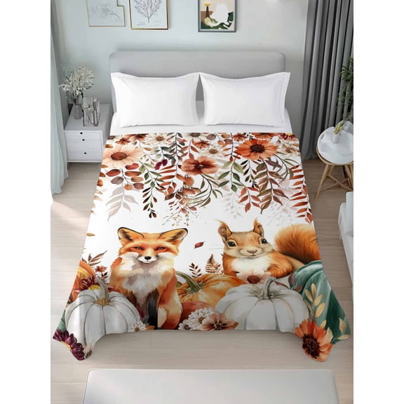 Full Flat Sheet Only Fox Squirrel Thanksgiving Pumpkin Soft Microfiber Cooling Bedding Sheets Fall Foliage Wild Flower Flat Bed Sheet for Hotel,Home Decor