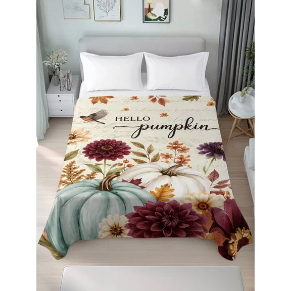 Full Flat Sheet Only Hello Pumpkin Thanksgiving Flower Soft Microfiber Cooling Bedding Sheets Fall Rustic Garden Plant Flat Bed Sheet for Hotel,Home Decor