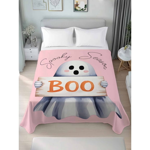 Full Flat Sheet Only Abstract Cute Halloween Ghost Soft Microfiber Cooling Bedding Sheets Pink Boo Spooky Season Flat Bed Sheet for Hotel,Home Decor