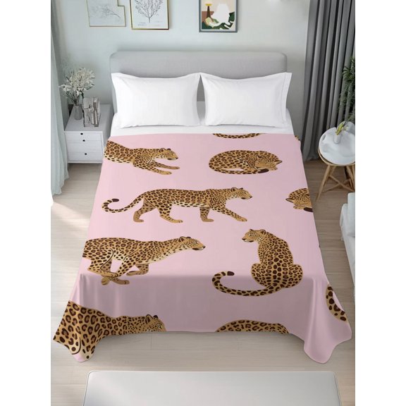 Full Flat Sheet Only Abstract Panthers on Pink Soft Microfiber Cooling Bedding Sheets Summer Tropical Animals Flat Bed Sheet