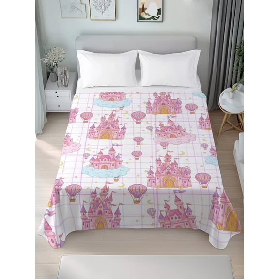 Full Flat Sheet Only Children's Day Pink Dream Castle Balloons Soft Microfiber Cooling Bedding Sheets Blue Cloud Flat Bed Sheet for Hotel,Home Decor