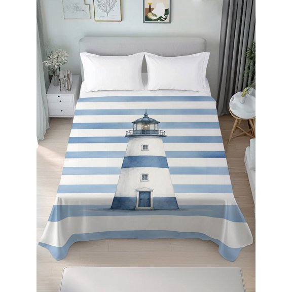 Full Flat Sheet Only Coastal Nautical Lighthouse Soft Microfiber Cooling Bedding Sheets Summer Ocean Blue Line Flat Bed Sheet