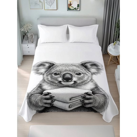 Full Flat Sheet Only Cute Koala Portrait Soft Microfiber Cooling Bedding Sheets Gray White Style Flat Bed Sheet for Hotel,Home Decor