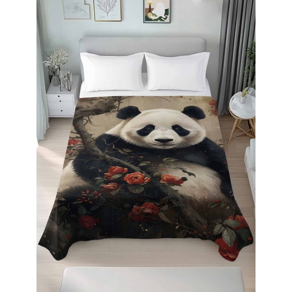 Full Flat Sheet Only Cute Panda Soft Microfiber Cooling Bedding Sheets Red Roses Floral Art Flat Bed Sheet for Hotel, Home Decor