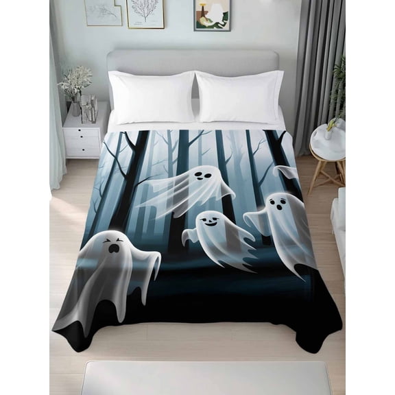 Full Flat Sheet Only Floating Ghost in Woods Soft Microfiber Cooling Bedding Sheets Halloween Midnight Forest Flat Bed Sheet for Hotel,Home Decor
