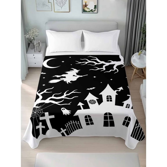 Full Flat Sheet Only Halloween Black White Castle Soft Microfiber Cooling Bedding Sheets Witch Ghost Moon Tree Flat Bed Sheet for Hotel,Home Decor