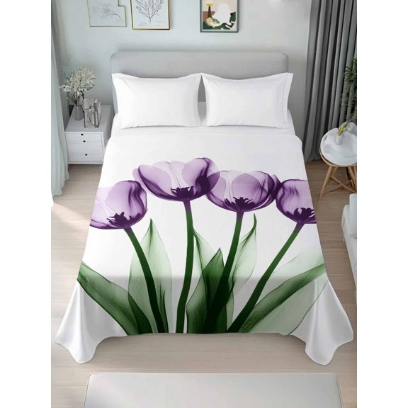 Full Flat Sheet Only Purple Tulip Flower Leaves Soft Microfiber Cooling Bedding Sheets Watercolor Floral Flat Bed Sheet for Hotel,Home Decor