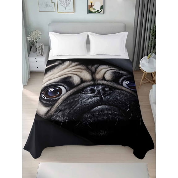 Full Flat Sheet Only Realistic Pug Dog Pattern Soft Microfiber Cooling Bedding Sheets Dark Background Flat Bed Sheet for Hotel,Home Decor