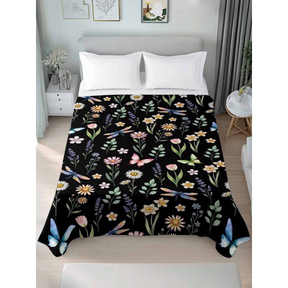 Full Flat Sheet Only Rustic Flower Leaf Butterfly Dragonfly Soft Microfiber Cooling Bedding Sheets Spring Pastoral Black Flat Bed Sheet