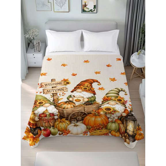 Full Flat Sheet Only Welcome Autumn Words Gnomes Soft Microfiber Cooling Bedding Sheets Farm Pumpkins Leaves Flat Bed Sheet for Hotel,Home Decor