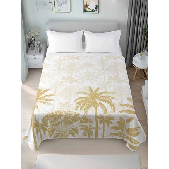 Full Flat Sheet Only Yellow Tropics Palm Trees Soft Microfiber Cooling Bedding Sheets Abstract Plant Leaves Flat Bed Sheet