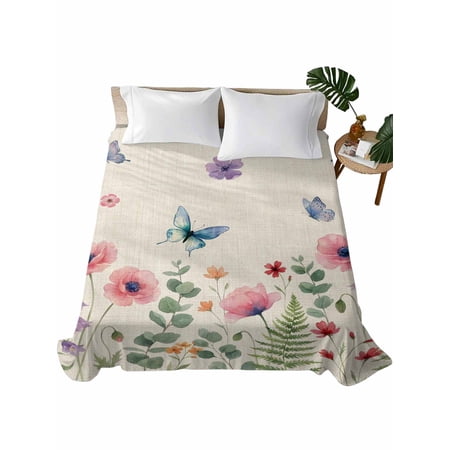 Full Flat Sheet, Spring Floral Full Bed Sheets Only, Soft Microfiber Flat Sheet, Watercolor Summer Botanica Butterfly Rustic Hotel Quality Bedding Top Sheet Bedroom Home Dorm Decor