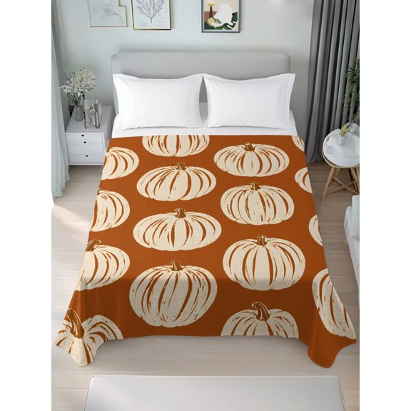 Full Flat Sheet Only Thanksgiving Pumpkins Seamless Pattern Soft Microfiber Cooling Bedding Sheets Brown Background Flat Bed Sheet for Hotel,Home Decor