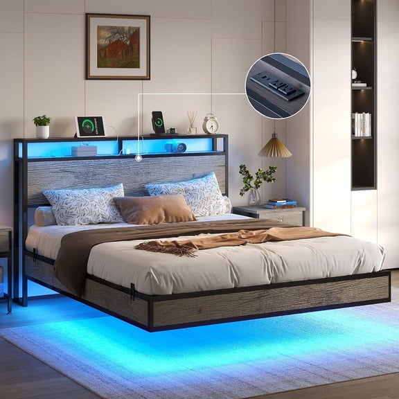 VanAcc Full Float Bed Frame with LED Lights and Charger, RGB Smart Storage Headboard, Platform Bed with USB Charger & Cord, Grey