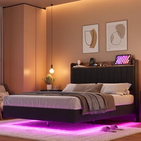 Full Floating Bed Frame with LED Lights & Charging Station, Upholstered Platform Bed with Storage Headboard, Wood Slats Support, No Box Spring Needed, Easy to Assemble, Black