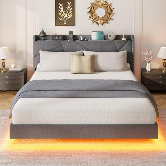 Full Floating Bed Frame with LED Lights & Charging Station, Upholstered Platform Beds with Storage Headboard & Folding Shelves Storage, Metal Slats Support, No Box Spring Needed